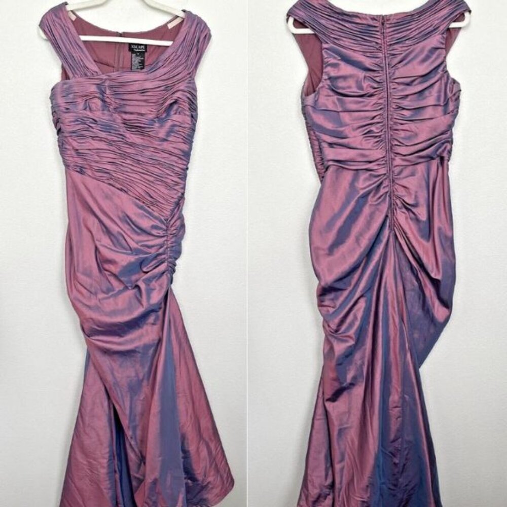 Xscape Ruched Maxi Dress Drape Trumpet Hem Purple Ball Gown Flare Vtg Women's 12